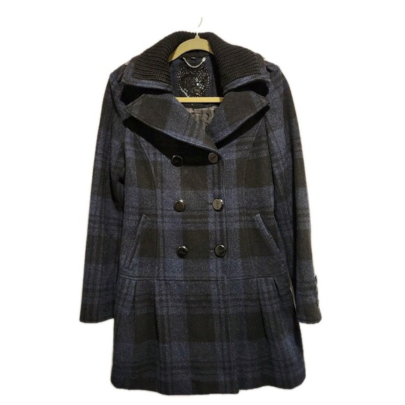 Guess Double-Breasted Skirted Navy & Black Plaid Wool Blend Pea Coat Size Small - Picture 1 of 10